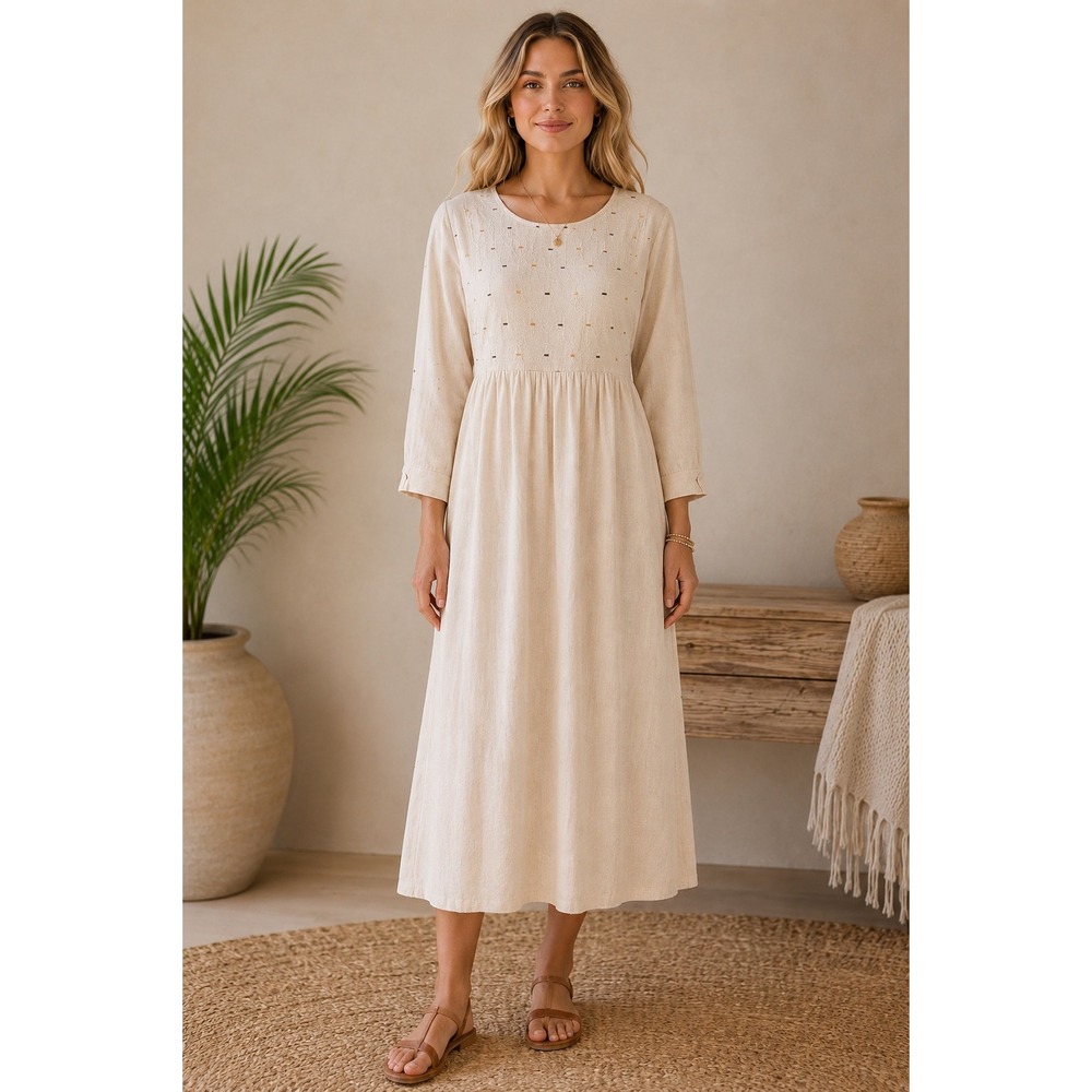 Sangria Yellow Cotton Boho Cottagecore Embroidered Dress Pockets Womens Large